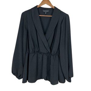 𝅺Lane Bryant Blouse Womens 10/12‎ Black Long Sleeve Faux Wrap V-Neck Top